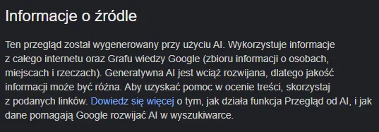 Panel „Informacje o źródle” w Google wyjaśniający, że Przegląd od AI korzysta z Grafu wiedzy Google i informacji z całego internetu